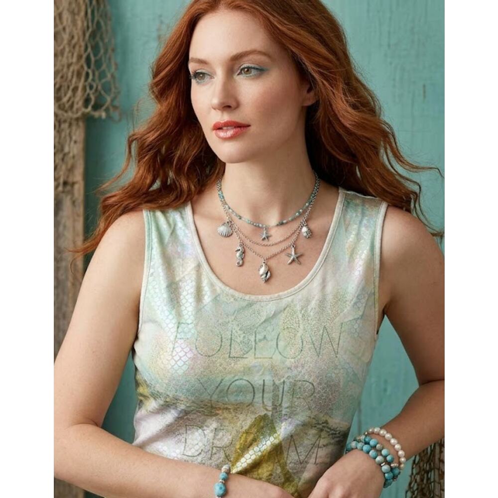 Poetry "Follow Your Dream" Tie-Back Glitter Tank Top | Coastal Boho Print | M